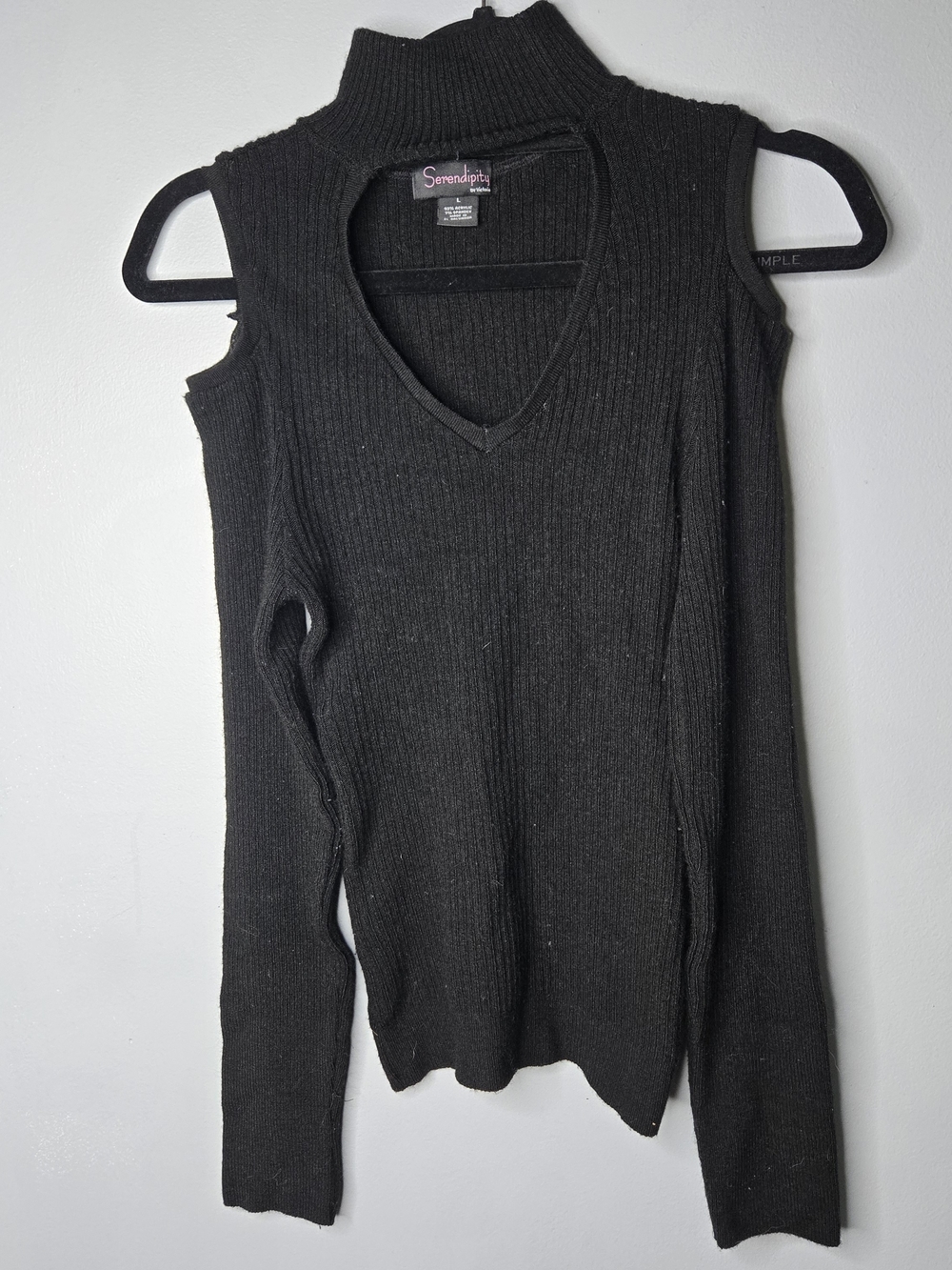 Serendipity by Victoria Black Ribbed Cold Shoulder Choker Sweater L